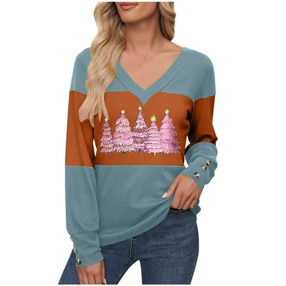 FDGIU Women's Christmas Long Sleeve T-Shirt - Lightweight Christmas Tree Graphic Top, Snowflake Sequined Blouse, Xmas Vacation Casual Sweatshirt