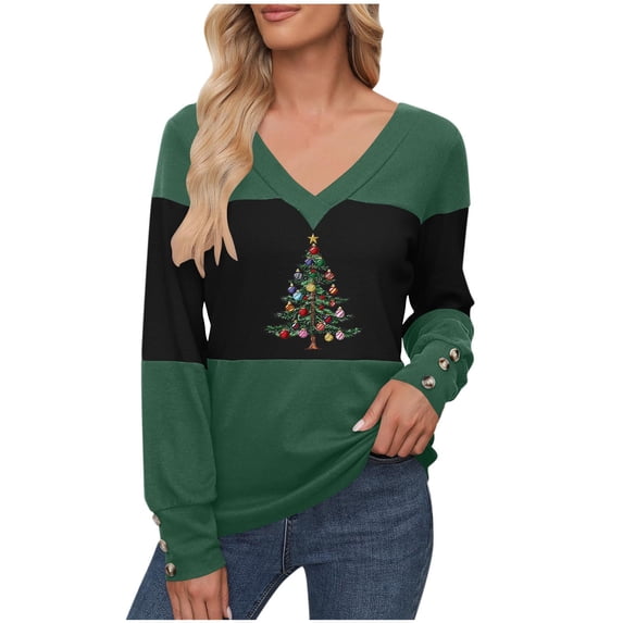 FDGIU Women's Christmas Long Sleeve T-Shirt - Lightweight Christmas Tree Graphic Top, Snowflake Sequined Blouse, Xmas Vacation Casual Sweatshirt