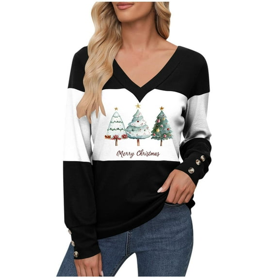 FDGIU Women's Christmas Long Sleeve T-Shirt - Lightweight Christmas Tree Graphic Top, Snowflake Sequined Blouse, Xmas Vacation Casual Sweatshirt