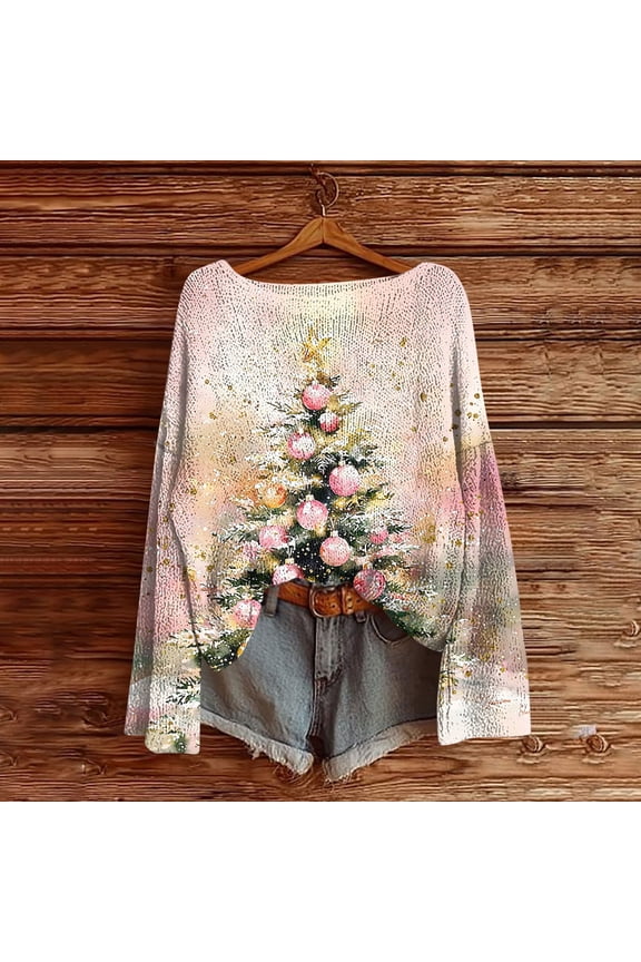 Women's Christmas Long Sleeve T-Shirt - Lightweight Christmas Tree Graphic Top, Snowflake Sequined Blouse, Xmas Vacation Casual Sweatshirt