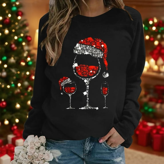 FDGIU Women's Christmas Long Sleeve T-Shirt - Lightweight Christmas Tree Graphic Top, Snowflake Sequined Blouse, Xmas Vacation Casual Sweatshirt