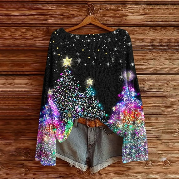 FDGIU Women's Christmas Long Sleeve T-Shirt - Lightweight Christmas Tree Graphic Top, Snowflake Sequined Blouse, Xmas Vacation Casual Sweatshirt