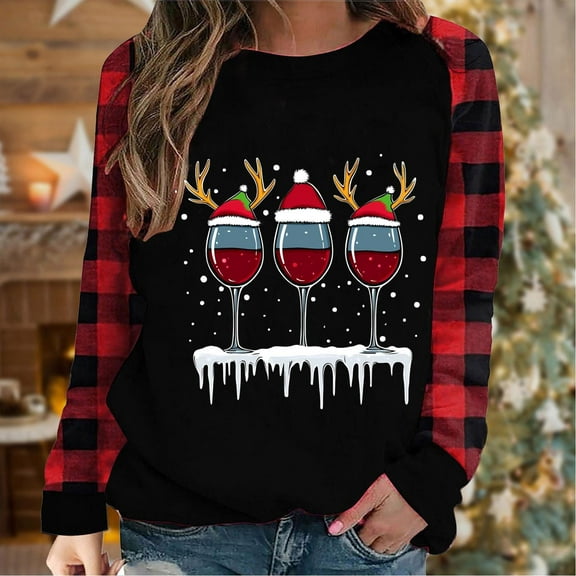 FDGIU Women's Christmas Long Sleeve T-Shirt - Lightweight Christmas Tree Graphic Top, Snowflake Sequined Blouse, Xmas Vacation Casual Sweatshirt