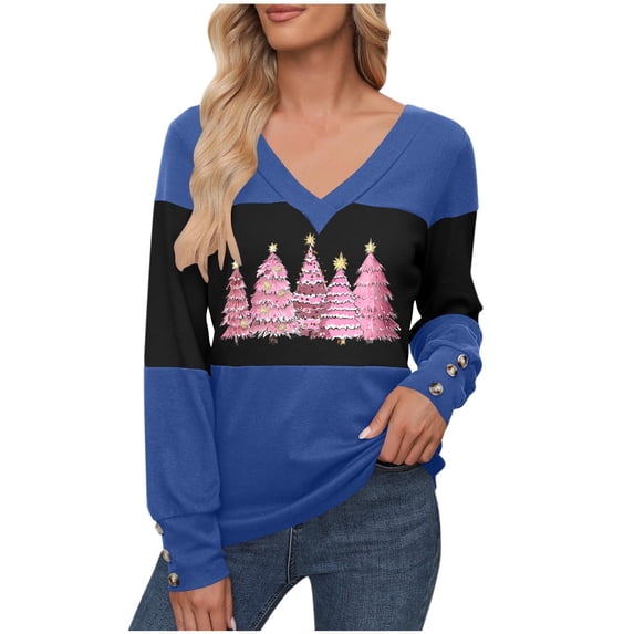 FDGIU Women's Christmas Long Sleeve T-Shirt - Lightweight Christmas Tree Graphic Top, Snowflake Sequined Blouse, Xmas Vacation Casual Sweatshirt