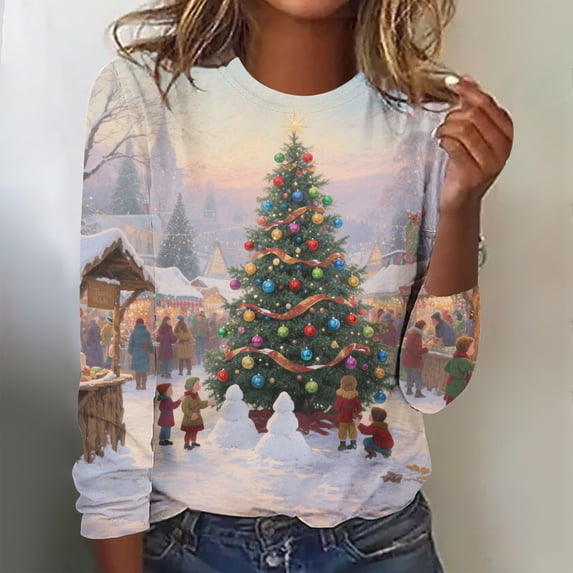 FDGIU Women's Christmas Long Sleeve T-Shirt - Lightweight Christmas Tree Graphic Top, Snowflake Sequined Blouse, Xmas Vacation Casual Sweatshirt