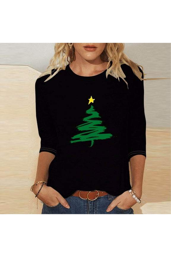 Women's Christmas Long Sleeve T-Shirt - Lightweight Christmas Tree Graphic Top, Snowflake Sequined Blouse, Xmas Vacation Casual Sweatshirt