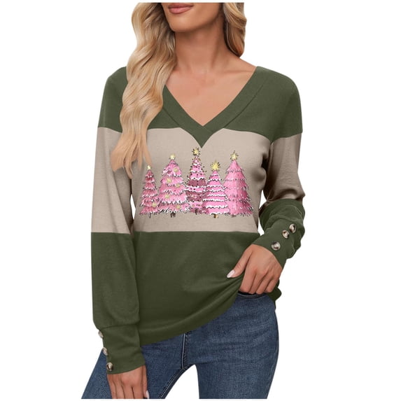 FDGIU Women's Christmas Long Sleeve T-Shirt - Lightweight Christmas Tree Graphic Top, Snowflake Sequined Blouse, Xmas Vacation Casual Sweatshirt
