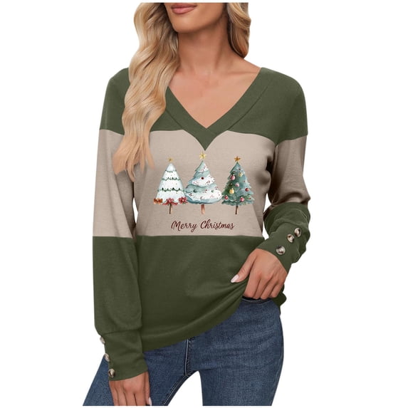 FDGIU Women's Christmas Long Sleeve T-Shirt - Lightweight Christmas Tree Graphic Top, Snowflake Sequined Blouse, Xmas Vacation Casual Sweatshirt