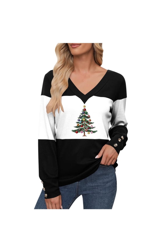 Women's Christmas Long Sleeve T-Shirt - Lightweight Christmas Tree Graphic Top, Snowflake Sequined Blouse, Xmas Vacation Casual Sweatshirt
