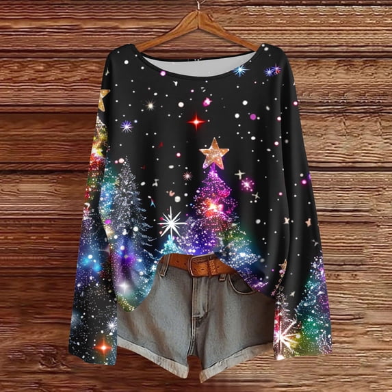 FDGIU Women's Christmas Long Sleeve T-Shirt - Lightweight Christmas Tree Graphic Top, Snowflake Sequined Blouse, Xmas Vacation Casual Sweatshirt