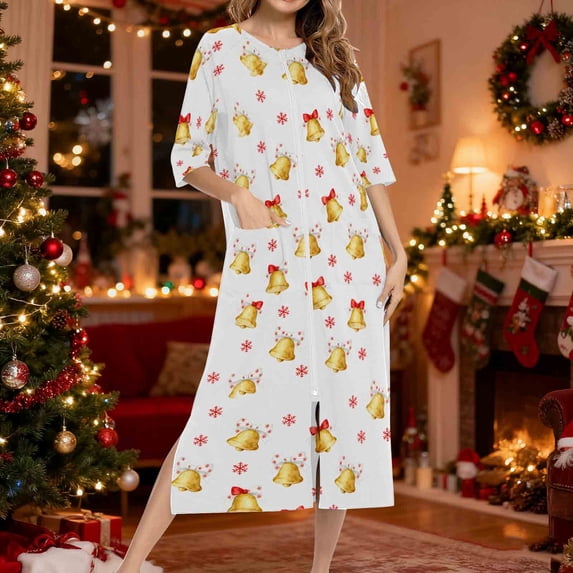 FDGIU Women's Christmas Nightgown Long Sleeve - Zip Up Crewneck Oversized Pajamas with Pockets, Loose Holiday Sleepwear & Loungewear (Xmas Tree/Reindeer/Snowflake Print)