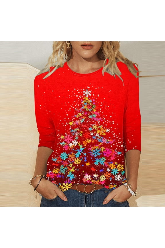 Women's Christmas Shirts 2025 - 3/4 Sleeve Graphic Tee with Xmas Tree & Snowflake Prints, Loose Fit Tunic Top for Holiday