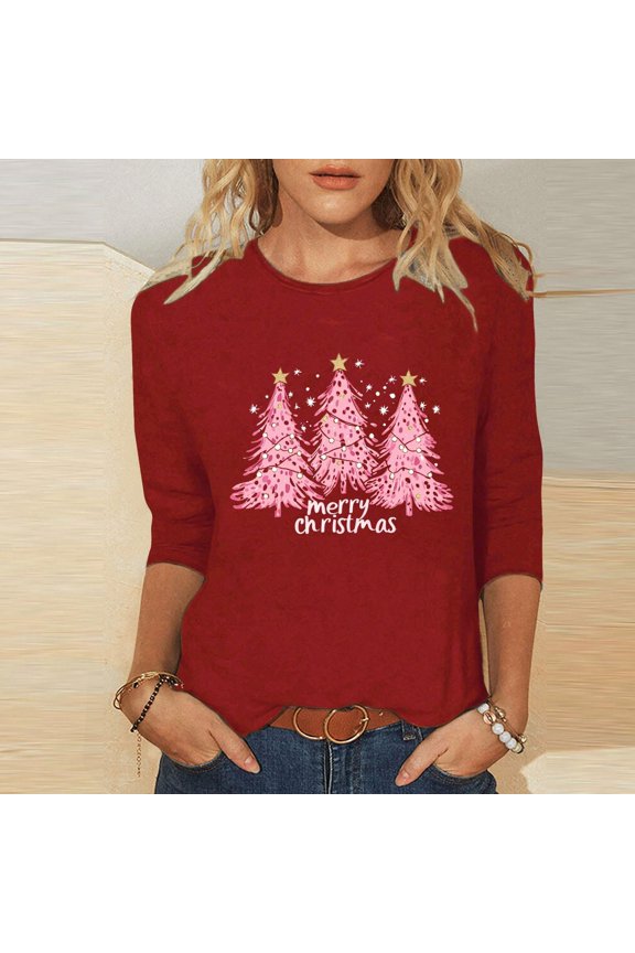 Women's Christmas Shirts 2025 - 3/4 Sleeve Graphic Tee with Xmas Tree & Snowflake Prints, Loose Fit Tunic Top for Holiday