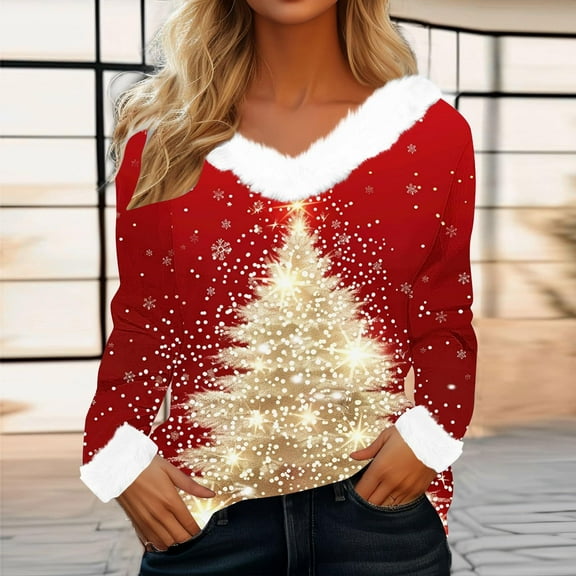 FDGIU Women's Christmas Sweater, Faux Fur & V-Neck Pullover, Festive Holiday Print Long Sleeve Tops 2025