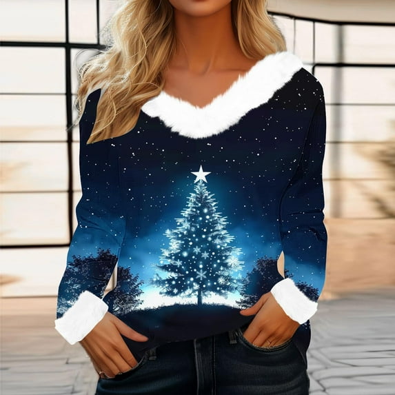 FDGIU Women's Christmas Sweater, Faux Fur & V-Neck Pullover, Festive Holiday Print Long Sleeve Tops 2025