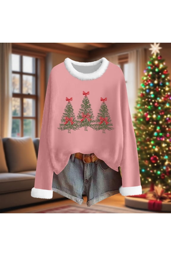 Women's Christmas Sweater, Faux Fur & V-Neck Pullover, Festive Holiday Print Long Sleeve Tops 2025