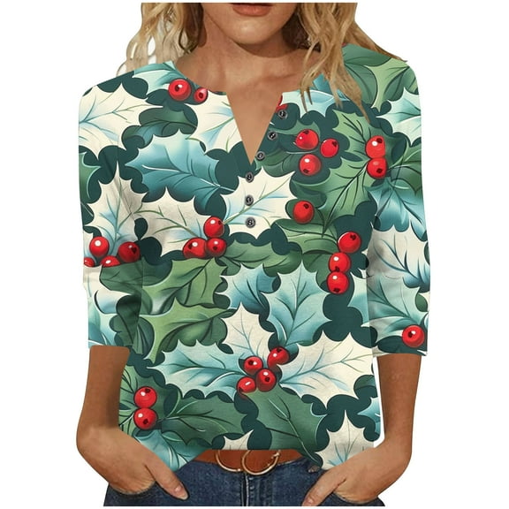 FDGIU Women's Christmas Tree Shirt 2025, Cute Print 3/4 Sleeve Crewneck Tunic Top for Holiday Casual Outfit Gifts