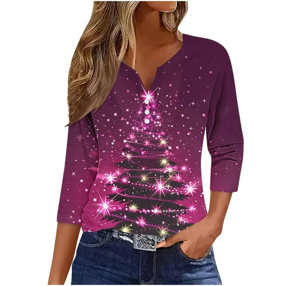 FDGIU Women's Christmas Tree Shirt 2025, Cute Print 3/4 Sleeve Crewneck Tunic Top for Holiday Casual Outfit Gifts