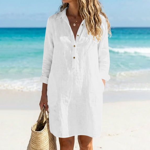 FDGIU Women's Collared Half Button 3/4 Sleeve Shirt Midi Dress, Casual Summer Loose Tunic Mid Dress with Pockets