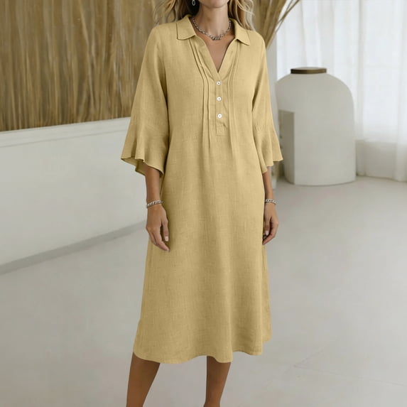 FDGIU Women's Collared V Neck Half Button Bell 3/4 Sleeve Loose Linen Midi Dress, Casual Office Work Spring Fall Home Lounge Straight Mid Length Dresses
