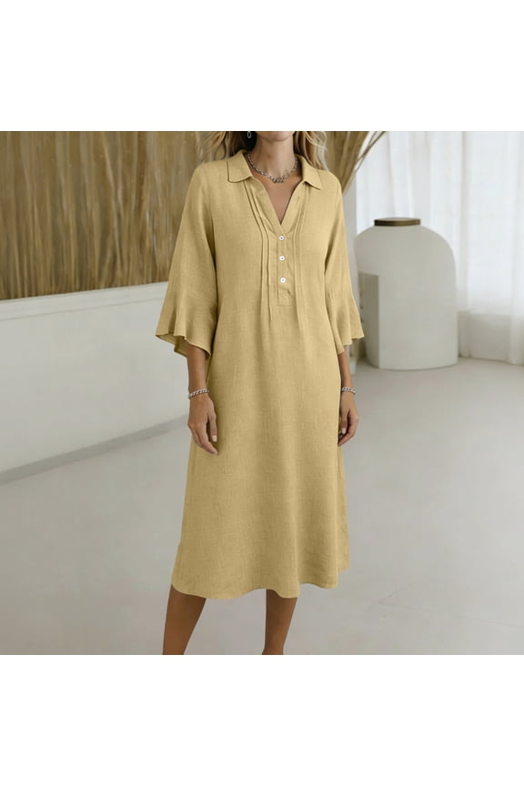 Women's Collared V Neck Half Button Bell 3/4 Sleeve Loose Linen Midi Dress, Casual Office Work Spring Fall Home Lounge Straight Mid Length Dresses