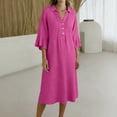 thumbnail image 1 of FDGIU Women's Collared V Neck Half Button Bell 3/4 Sleeve Loose Linen Midi Dress, Casual Office Work Spring Fall Home Lounge Straight Mid Length Dresses, 1 of 6