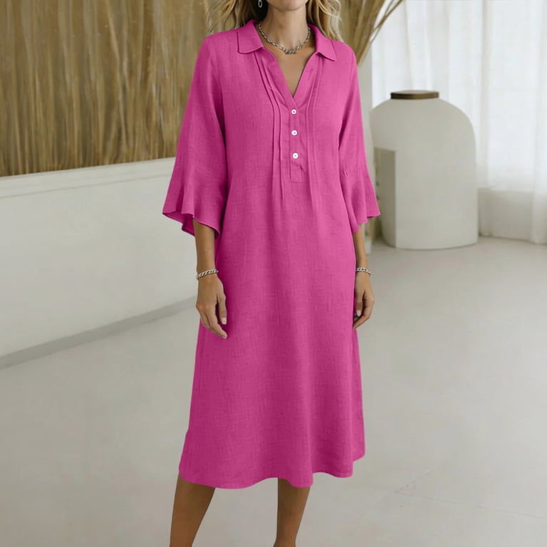 straight loose dress FDGIU Women's Collared V Neck Half Button Bell 3/4 Sleeve Loose Linen Midi  Dress, Casual Office Work Spring Fall Home Lounge Straight Mid Length  Dresses