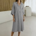 thumbnail image 1 of FDGIU Women's Collared V Neck Half Button Bell 3/4 Sleeve Loose Linen Midi Dress, Casual Office Work Spring Fall Home Lounge Straight Mid Length Dresses, 1 of 6
