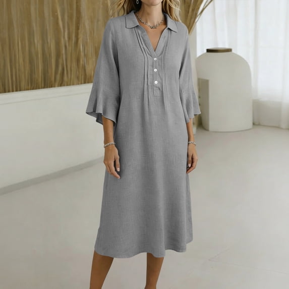 FDGIU Women's Collared V Neck Half Button Bell 3/4 Sleeve Loose Linen Midi Dress, Casual Office Work Spring Fall Home Lounge Straight Mid Length Dresses