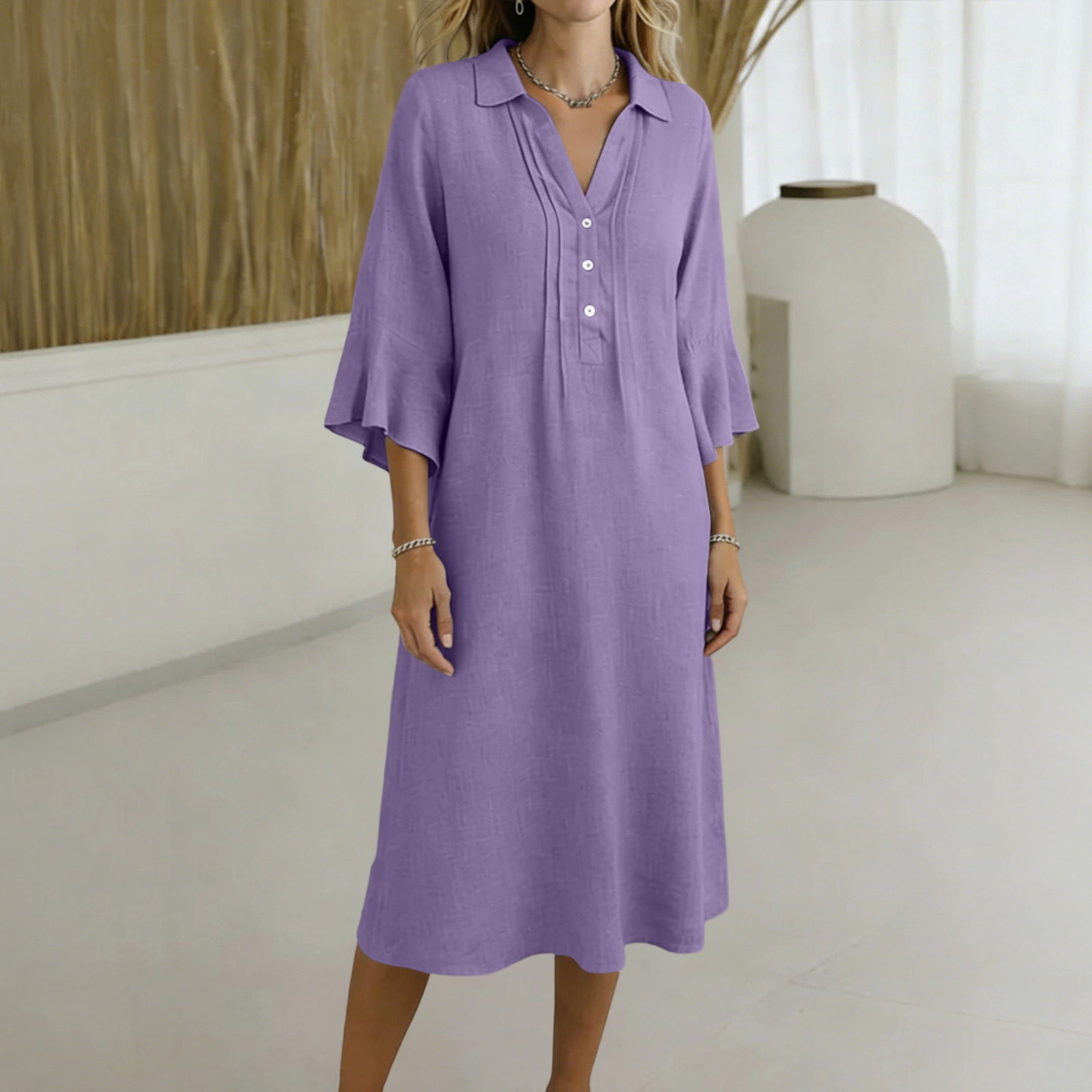 FDGIU Women's Collared V Neck Half Button Bell 3/4 Sleeve Loose