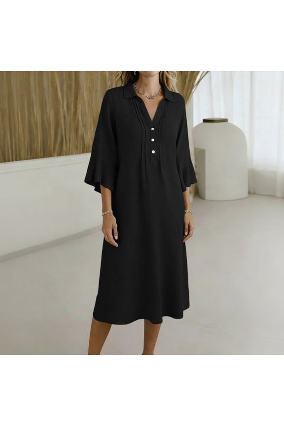 Women's Collared V Neck Half Button Bell 3/4 Sleeve Loose Linen Midi Dress, Casual Office Work Spring Fall Home Lounge Straight Mid Length Dresses