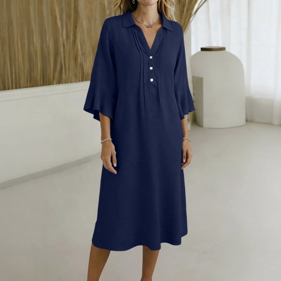 FDGIU Women's Collared V Neck Half Button Bell 3/4 Sleeve Loose Linen Midi Dress, Casual Office Work Spring Fall Home Lounge Straight Mid Length Dresses