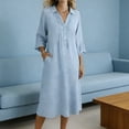 thumbnail image 1 of FDGIU Women's Collared V Neck Half Button Pleated 3/4 Sleeve Loose Linen Midi Dress, Casual Office Work Spring Fall Straight Mid Length Dresses, 1 of 7