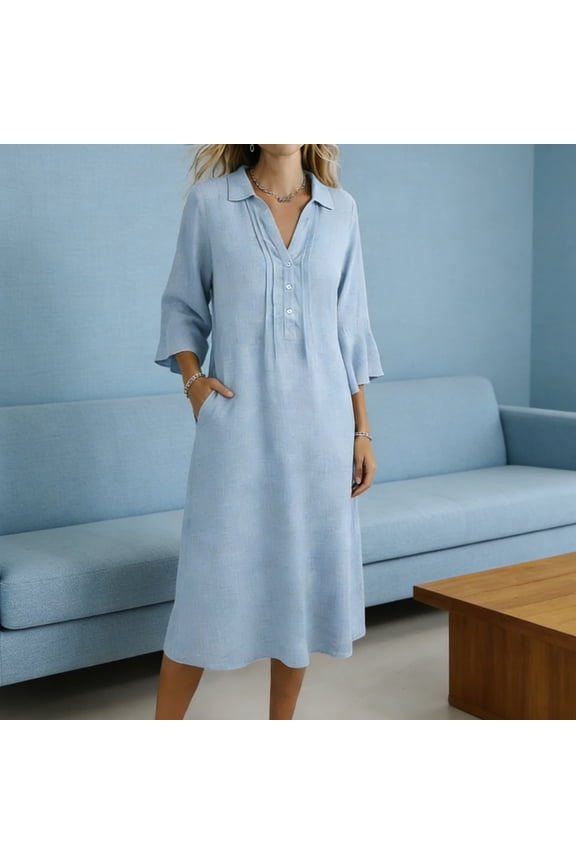 Women's Collared V Neck Half Button Pleated 3/4 Sleeve Loose Linen Midi Dress, Casual Office Work Spring Fall Straight Mid Length Dresses