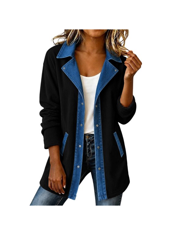 Women's Color Block Collar Corduroy Jacket, Lapel Long Sleeve Snap Button Mid Length Casual Shacket with Contrast Pockets for 2026 Spring Fall Daily Layering