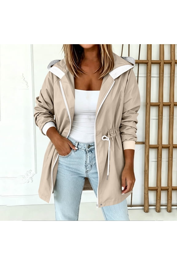Women's Color Block Hooded Drawstring Waist Mid Length Windbreaker Jacket, Lightweight Outdoor Trench Coat with Side Hand Pockets for Spring Fall Travel Hiking Casual Layering