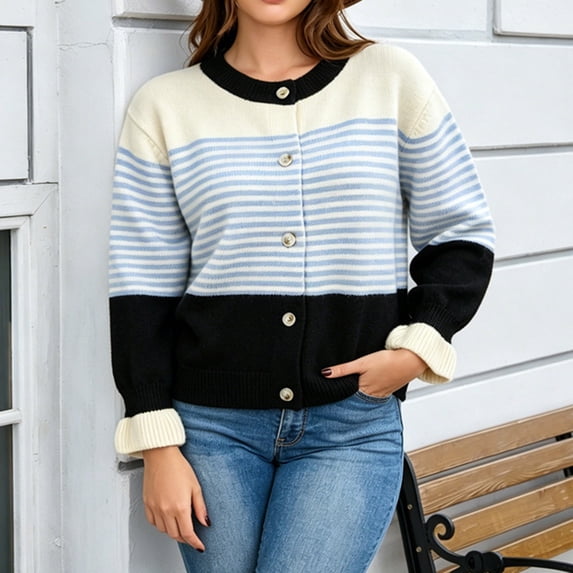 FDGIU Women's Color Block Striped Button Down Knit Cardigan, Crew Neck Long Sleeve Cuffed Lightweight Sweater Jacket with Side Pockets for 2026 Spring Fall Daily Layering