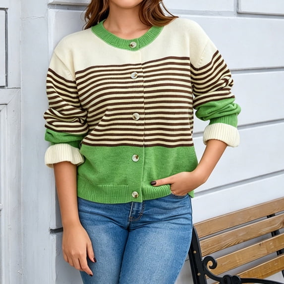 FDGIU Women's Color Block Striped Button Down Knit Cardigan, Crew Neck Long Sleeve Cuffed Lightweight Sweater Jacket with Side Pockets for 2026 Spring Fall Daily Layering