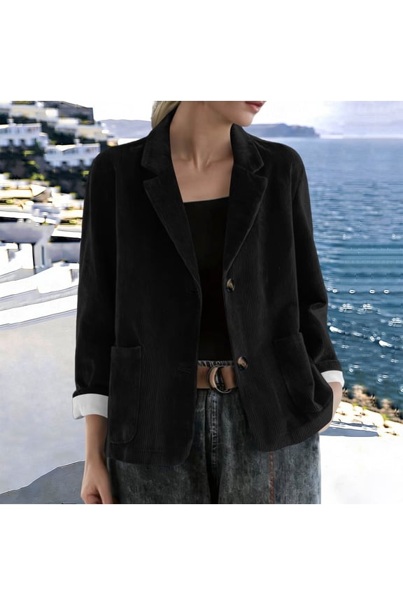 Women's Corduroy Blazer Jacket, Notched Lapel Two Button Roll Cuff 3/4 Sleeve Casual Coat with Patch Pockets for Spring Fall Daily Office Layering