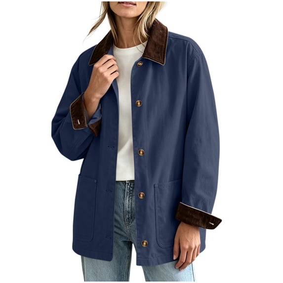 FDGIU Women's Corduroy Collar Chore Jacket, Long Sleeve Button Down Casual Shacket, Loose Fit Mid Length Outerwear for Fall Spring