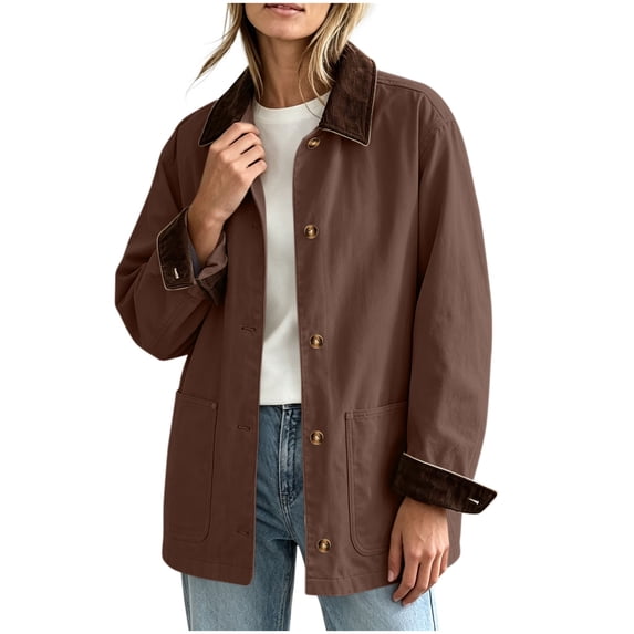 FDGIU Women's Corduroy Collar Chore Jacket, Long Sleeve Button Down Casual Shacket, Loose Fit Mid Length Outerwear for Fall Spring
