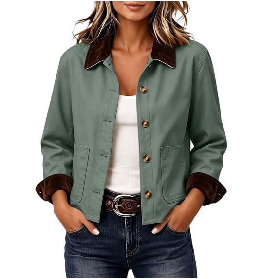 FDGIU Women's Corduroy Collar Cropped Chore Jacket, Long Sleeve Button Down Casual Shacket, Loose Fit Short Outerwear for Fall Spring