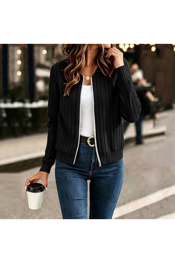 Women's Crew Neck Full Zip Rib Knit Cardigan, Long Sleeve Slim Cropped Casual Knit Jacket for Spring Fall Daily Layering