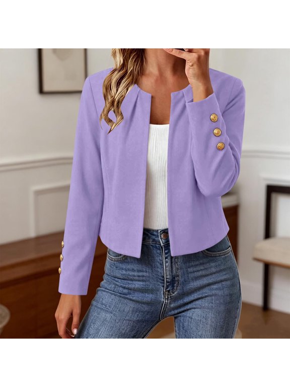 Women's Crew Neck Open Front Cropped Blazer Jacket, Long Sleeve Decorative Cuff Button Solid Office Suit Coat for 2026 Spring Fall Business Daily Layering