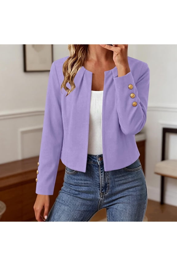 Women's Crew Neck Open Front Cropped Blazer Jacket, Long Sleeve Decorative Cuff Button Solid Office Suit Coat for 2026 Spring Fall Business Daily Layering