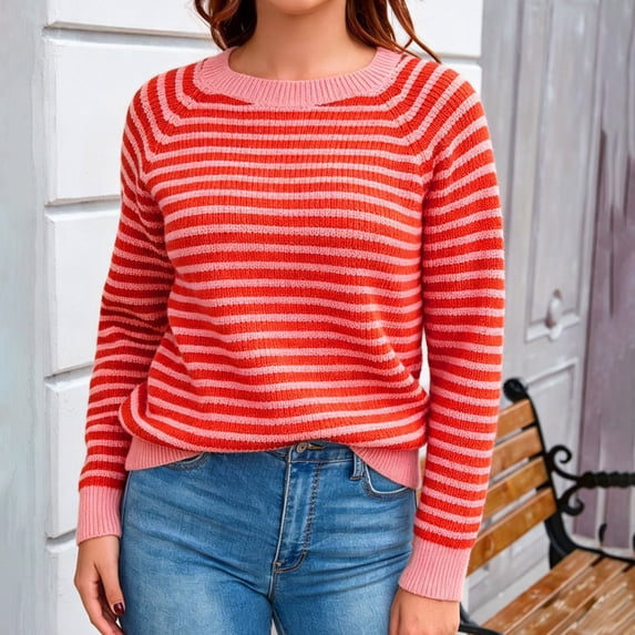 FDGIU Women's Crew Neck Raglan Striped Knit Sweater, Rib Trim Long Sleeve Loose Fit Pullover Tops Casual Knit Blouses