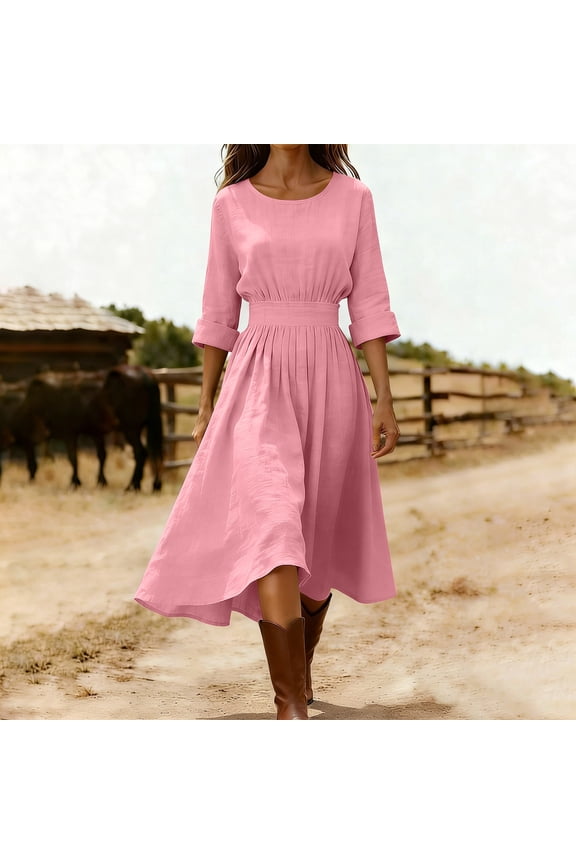 Women's Crew Neck Roll 3/4 Sleeve High Waist Belt Pleated Flowy Linen Midi Dress, Solid Color Beach Vacation Casual Daily Spring Fall A Line Swing Mid Length Dresses