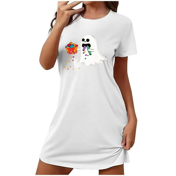 FDGIU Women's Cute Pajama Dress - Funny Printed Sleepshirt Short Sleeve, Loose Fit Nightgown & Loungewear