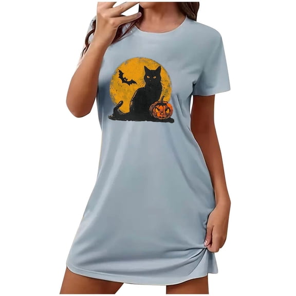 FDGIU Women's Cute Pajama Dress - Funny Printed Sleepshirt Short Sleeve, Loose Fit Nightgown & Loungewear