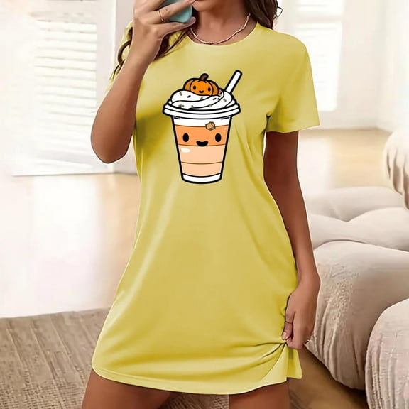 FDGIU Women's Cute Pajama Dress - Funny Printed Sleepshirt Short Sleeve, Loose Fit Nightgown & Loungewear